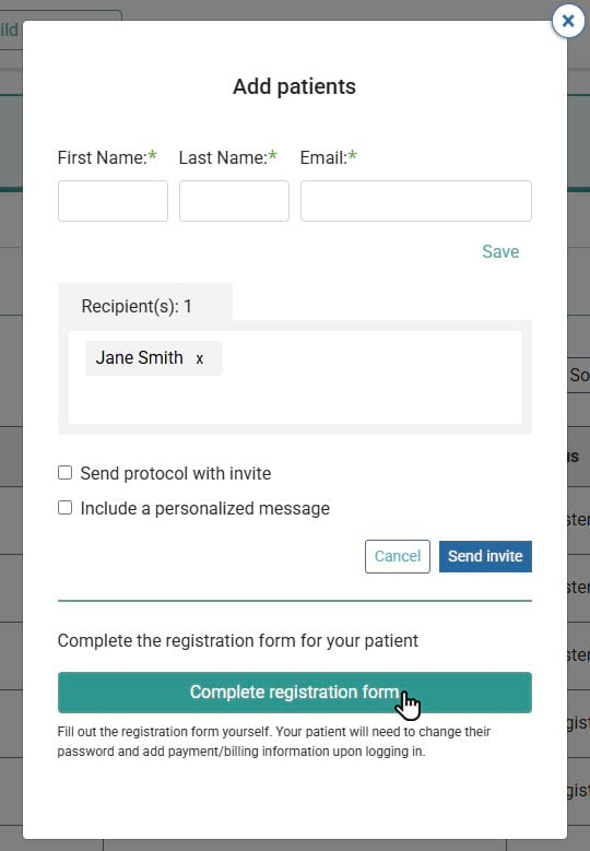 Account Menu Patient Registration screen shot